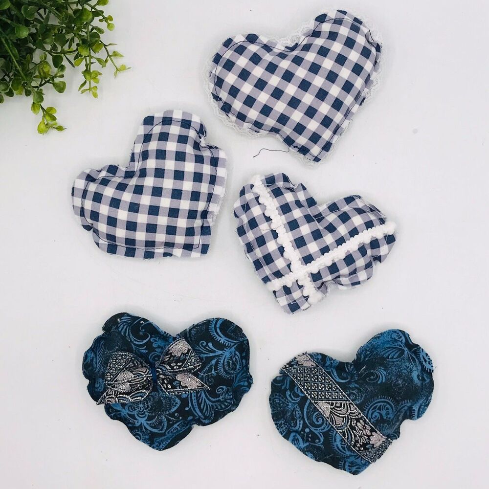 Lot of 5 Hearts Bowl Fillers Coffee Table Island Blue Gingham Paisley 4.5x4 Inch